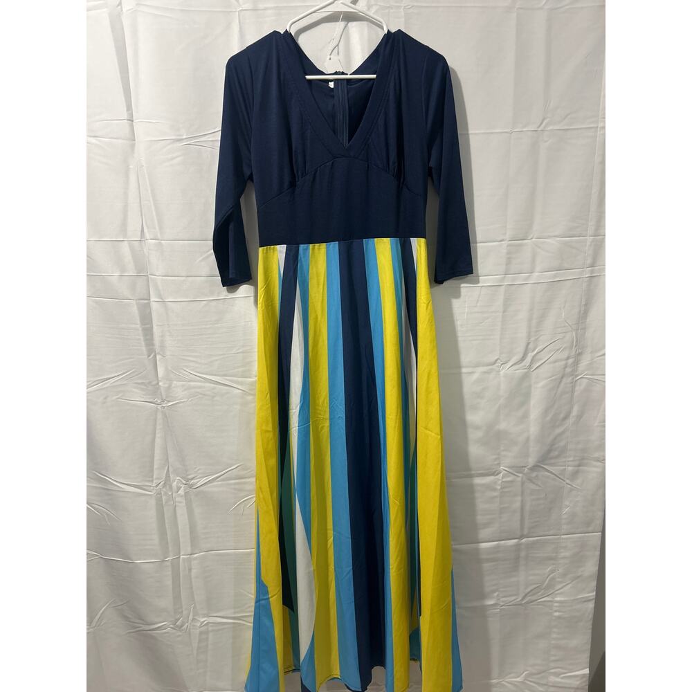 Rosewe Blue/Yellow 3-Qtr sleeve printed V-Neck Maxi